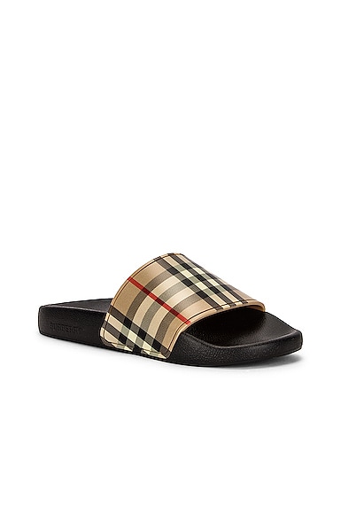 Shop Burberry Furley Check Slides In Archive Beige