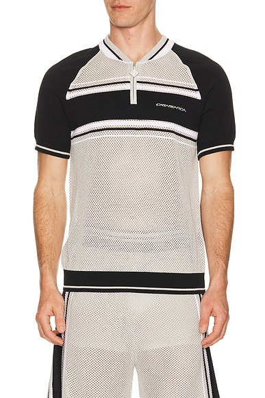 Metallic Mesh Stripe Zip Polo