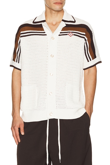 Casablanca Crochet Short Sleeve Shirt in White & Brown