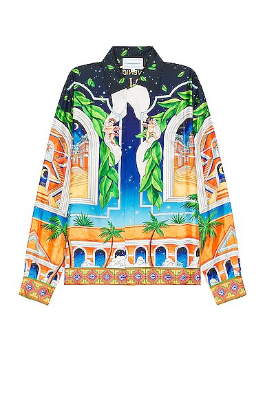 Casablanca Cuban Collar Long Sleeve Shirt in Blue