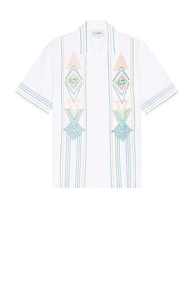 Casablanca Chainstitc Embroidered Graphic Linen Shirt in White