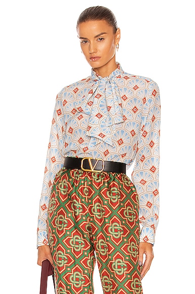 Printed Crepe De Chine Pussy Bow Blouse