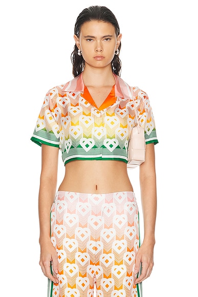 Cuban Collar Cropped Silk Short Sleeve Shirt in Orange