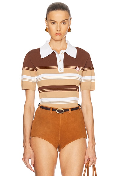 Casablanca Chicano Striped Polo Top in Beige & Brown