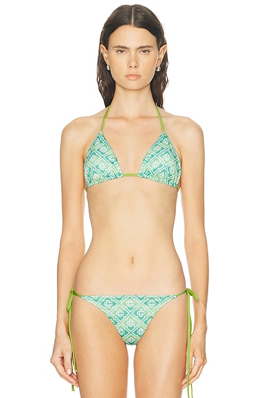 Casablanca Wavy Monogram String Triangle Bikini Top in Green