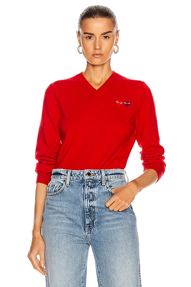 COMME des GARCONS PLAY Double Emblem V Neck Sweater in Red