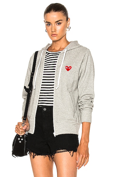 COMME des GARCONS PLAY Zip Up Cotton Hoodie with Red Emblem in Top Gray