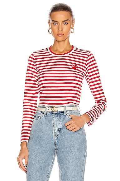 COMME des GARCONS PLAY Striped Cotton Red Emblem Tee in Red & White