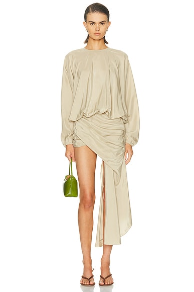 Christopher Esber Parachute Silk Drape Mini Dress in Stone