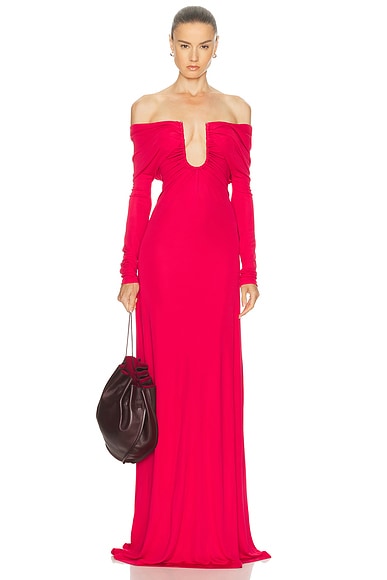 Christopher Esber Arced Palm Strapless Shawl Gown in Cranberry
