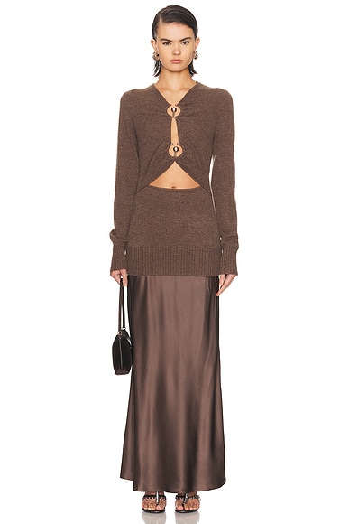 Christopher Esber Orbit Ruched Monument Long Sleeve Dress in Umber