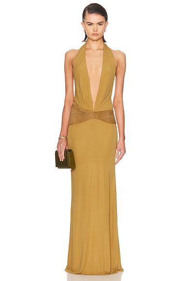 Christopher Esber Contour Suede Belted Jersey Halter Gown in Deep Sand