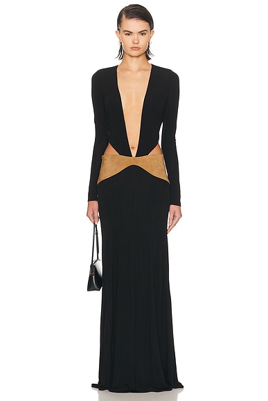 Contour Suede Belted Long Sleeve Gown