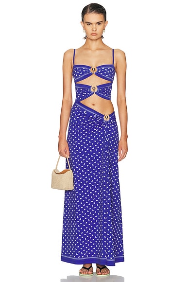Christopher Esber Bandana Ruched Orbit Split Dress in Indigo Bandana Print