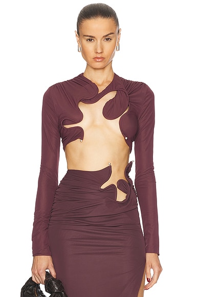 Christopher Esber Venus Long Sleeve Crop Top in Mahogany