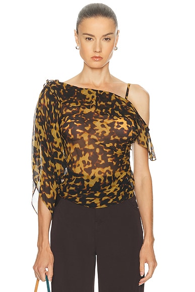Christopher Esber Roule Trimmed Silk Drape Top in Tortoiseshell