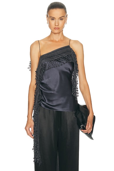 Christopher Esber Droplet Bead Crochet Trimmed Tank Top in Blue Granite