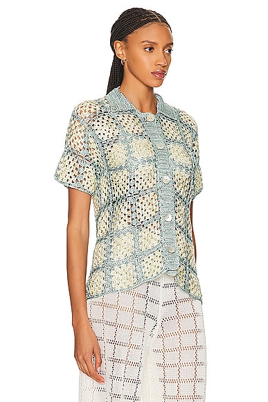 Shop Calle Del Mar Crochet Short Sleeve Patchwork Shirt In Storm & Jasmine