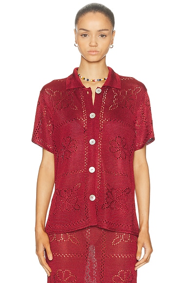Calle Del Mar Floral Tile Short Sleeve Shirt in Oxblood