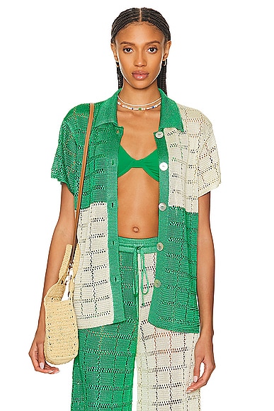 Calle Del Mar Crochet Short Sleeve Patchwork Shirt in Dandelion & Jasmine