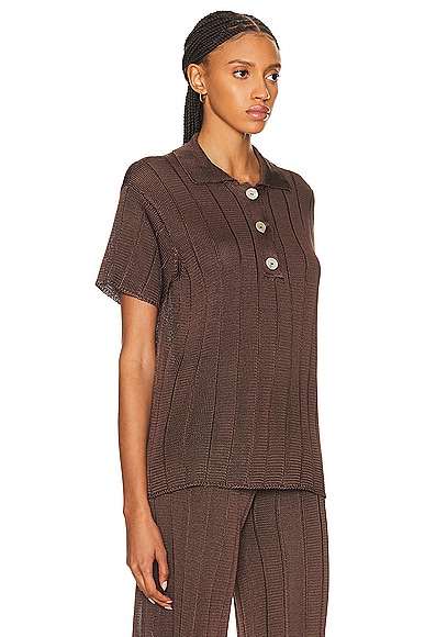 Shop Calle Del Mar Short Sleeve Wide Rib Polo Top In Chocolate