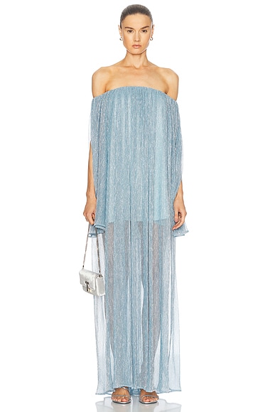 CAROLINE CONSTAS Corinthia Off Shoulder Pleated Gown in Cerulean