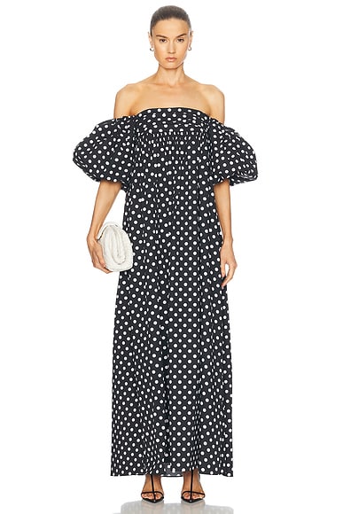 CAROLINE CONSTAS Emilia Ruched Empire Maxi Dress in Black & White Polka Dot