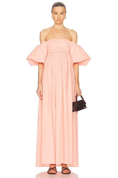 CAROLINE CONSTAS Emilia Ruched Empire Maxi Dress in Peach Pink