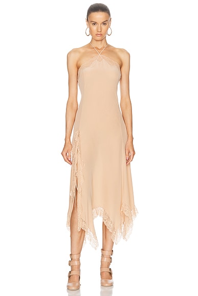 Chloe Crepe De Chine Lace Dress in Sand Brown