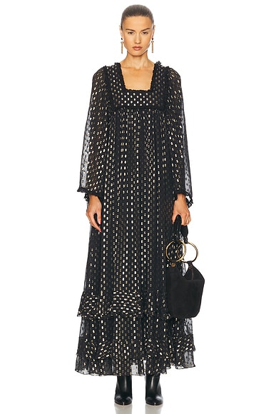 Chloe Flowy Tiered Polka Dot Long Dress in Black