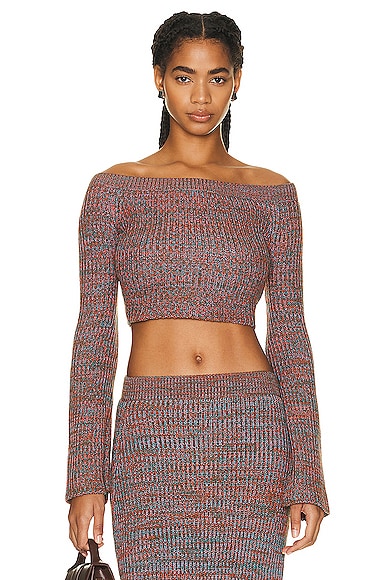 Chloe Off the Shoulder Long Sleeve Sweater in Multicolor Blue 1