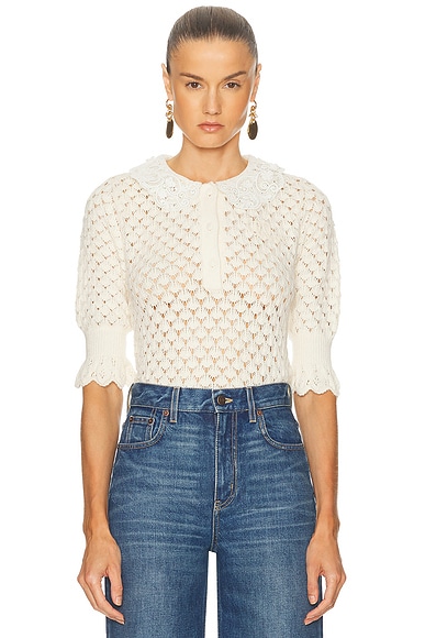 Silk Cotton Pointelle Short Sleeve Sweater