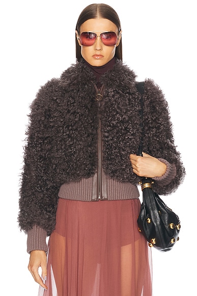 Helmut Lang Hooded Faux Mink Bomber Jacket in Seal FWRD