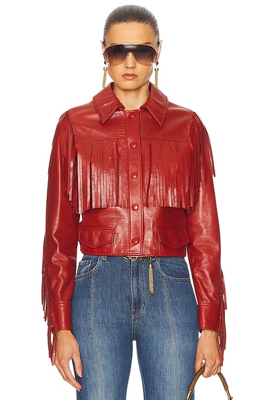 Chloe Fringe Leather Jacket in Plaid Red