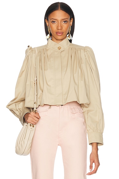 Chloe High Collar Cropped Gathered Pleated Sleeves Jacket in Smoky Beige