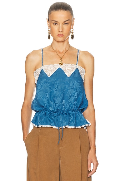 Chloe Silk Roses Jacquard Top in Deep Water