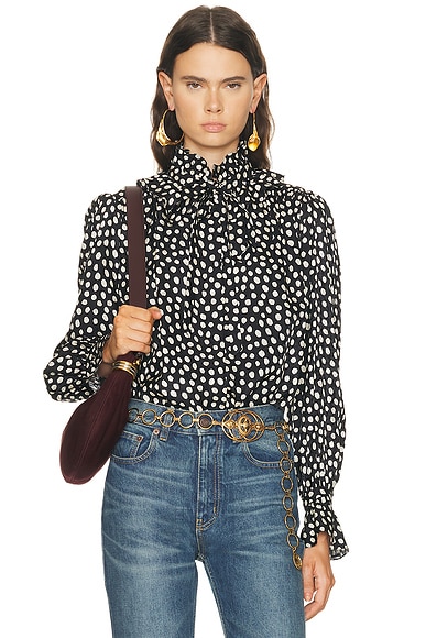 Chloe Ruffle Front Long Sleeve Top in Black & Beige