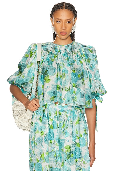 Chloe Puffed Blouse in White & Blue