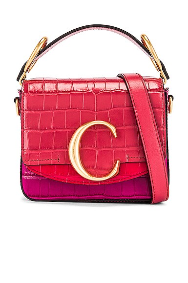Chloe Mini C Tricolor Embossed Croc Box Bag in Graphic Pink | FWRD