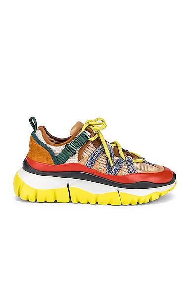 Click to view more detailed imagery on our partner's website ChloÉ Blake Mesh, Leather And Suede Platform Sneakers In Beige & Orange
