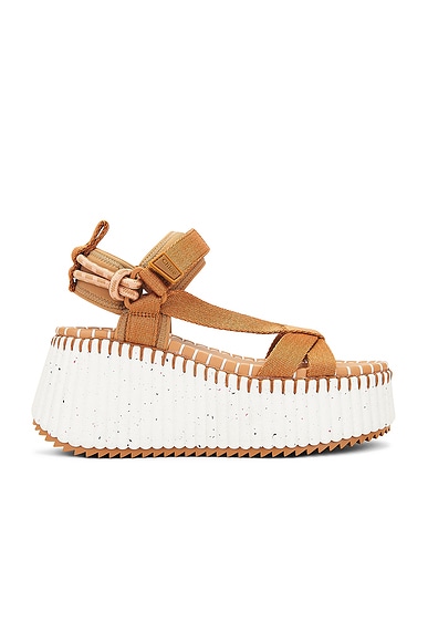 Chloe Camille Embossed Croc Platform Sandals in Autumnal Brown FWRD