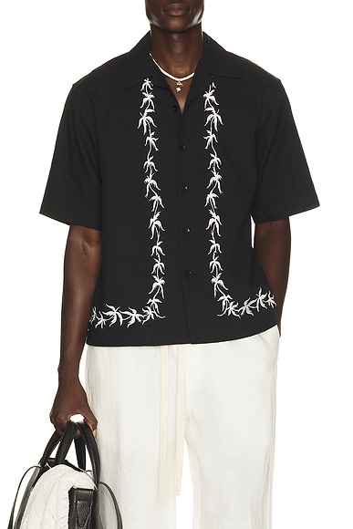 Commas Palm Embroidery Bowling Shirt in Black