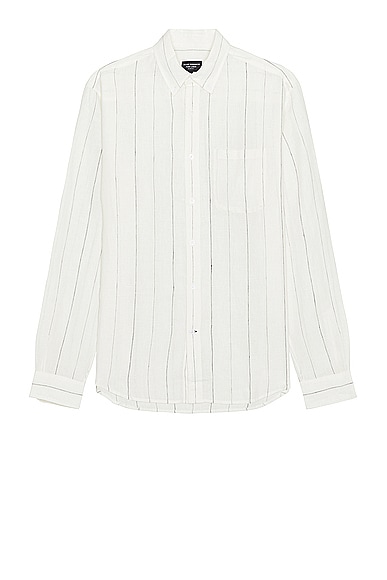 Long Sleeve Wide Stripe Linen Shirt in White