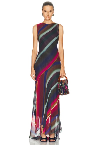 Christopher John Rogers Louie Stripe Cowl Back Bias Maxi Dress in Roux