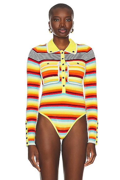 Shop Christopher John Rogers Striped Ribbed Polo Bodysuit In Multicolor