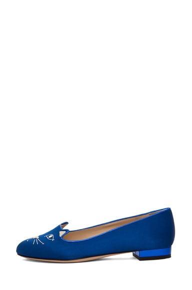 Charlotte Olympia Satin Kitty Flats in Blue & Gold | FWRD