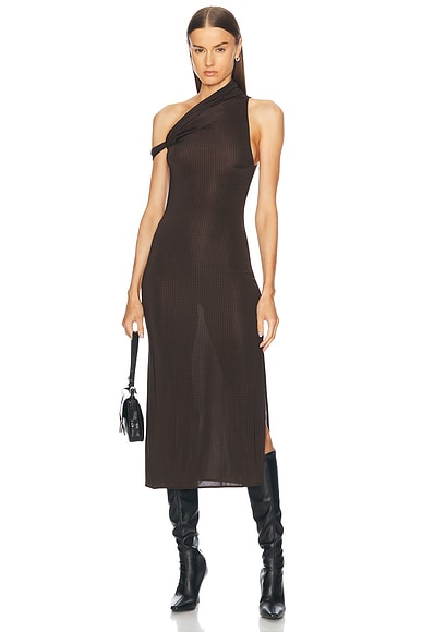 Courreges Twist Check Jersey Long Dress in Chocolate & Black