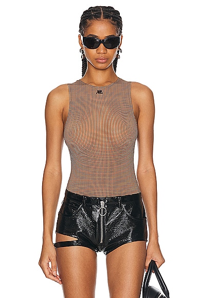 Courreges Buckle Checked 2nd Skin Bodysuit Top in Brown & White
