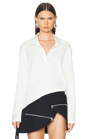 Courreges Long Sleeve Cotton Polo Top in Off White