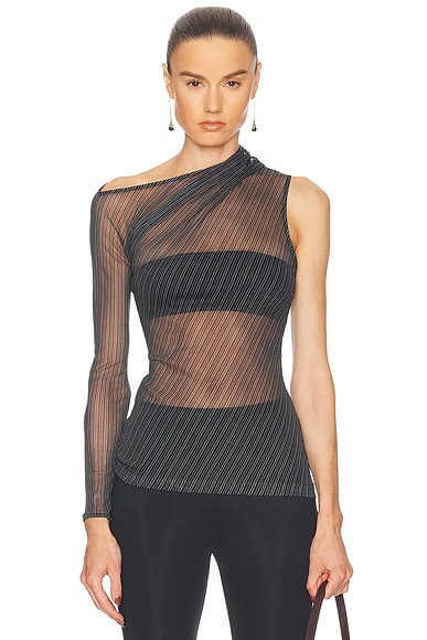Courreges One Shoulder Striped Mesh Top in Black & Ruby